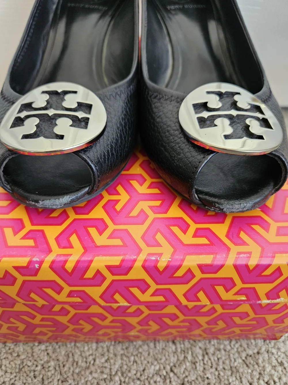 Tory Burch Black Leather Peep-Toe Wedges with Silver Logo Accent